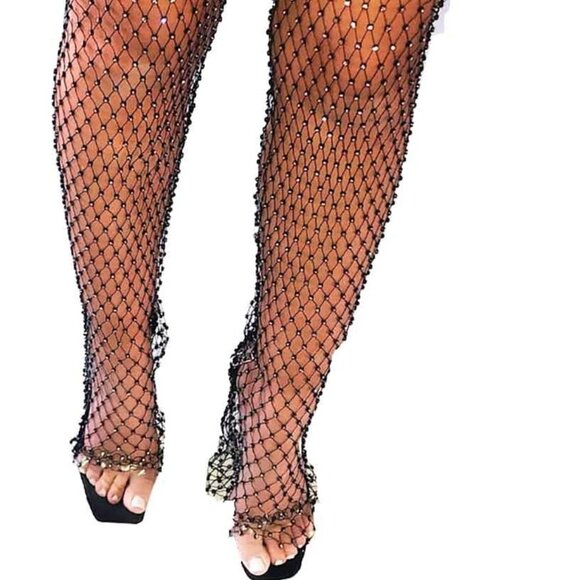 Women Crystal Mesh Black Pants Rhinestone See Through Fishnet Pants Festival - Picture 1 of 7
